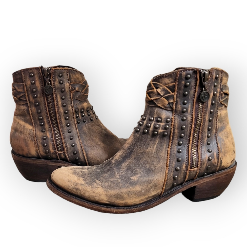 LIBERTY BLACK Distressed Brown Leather Studded Ankle Boots with Braided Strap 8 - Picture 2 of 11